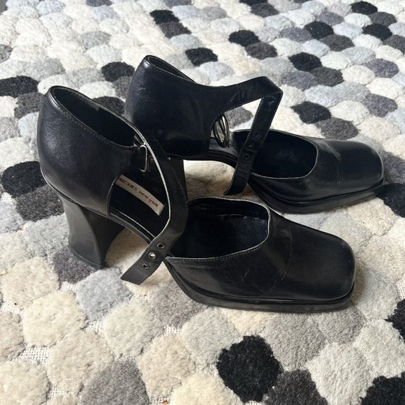 Designer Vintage Chuckies New York Black Platform Mary Jane Heel Size 38.5 - Picture 8 of 9